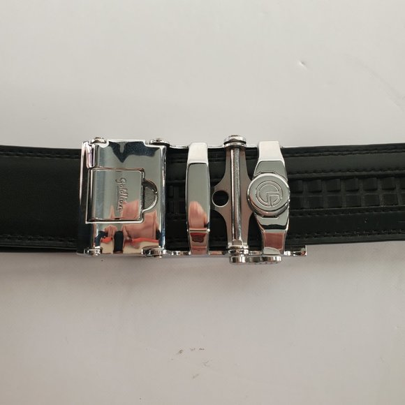 Vtg Men's Black Leather Belt GOLDLION w/ Chrome Rect Lock Buckle Office Career - Picture 7 of 8